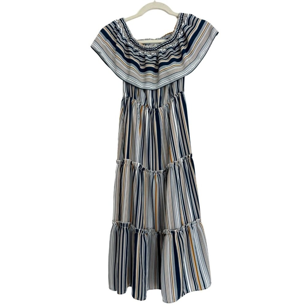 Off the shoulder multi color stripe maxi dress
